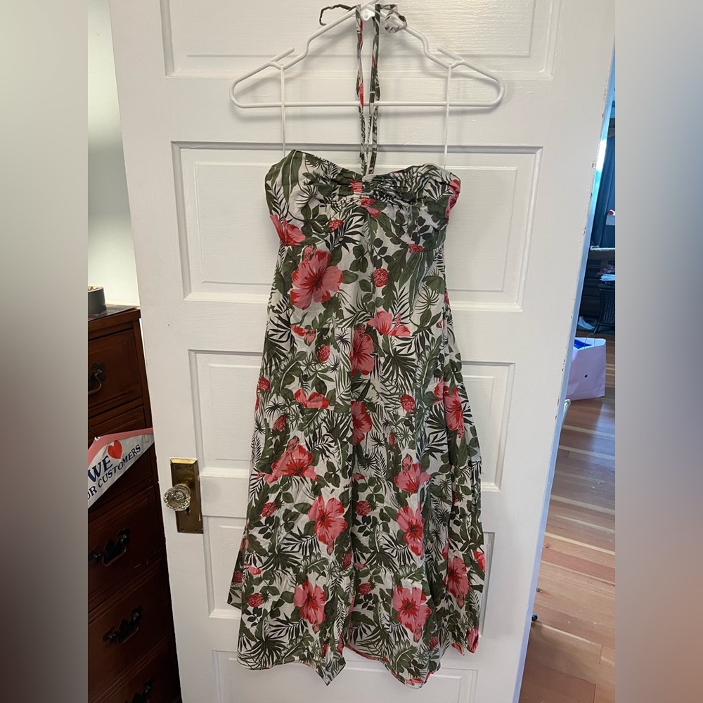 Strapless tie front tropical dress
